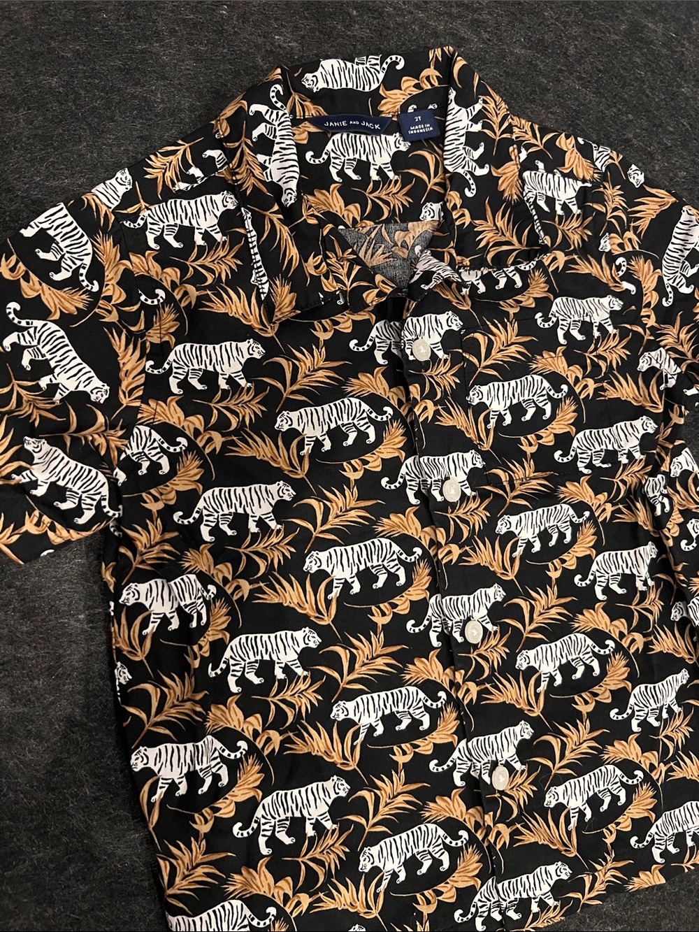 Janie and Janck Black Button-Down Shirt with White Tiger & Tan Leaf Print